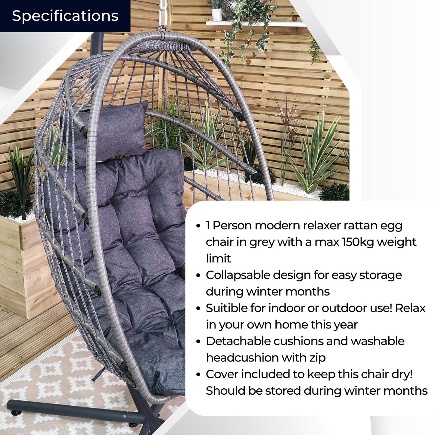 Factory Seconds: Samuel Alexander Grey Hanging Egg Chair With Stand Waterproof Cover And Cushions Steel Frame Rattan Outdoor Swing Chair Garden Seat Hammock Balcony Conservatory Furniture 