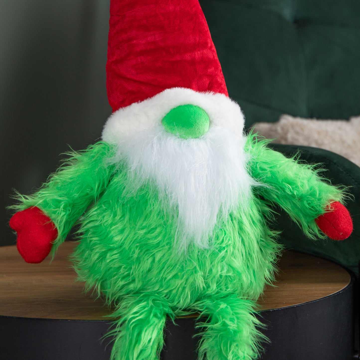 35cm Soft Green Fur Christmas Sitting Gronk Decoration with Santa Hat