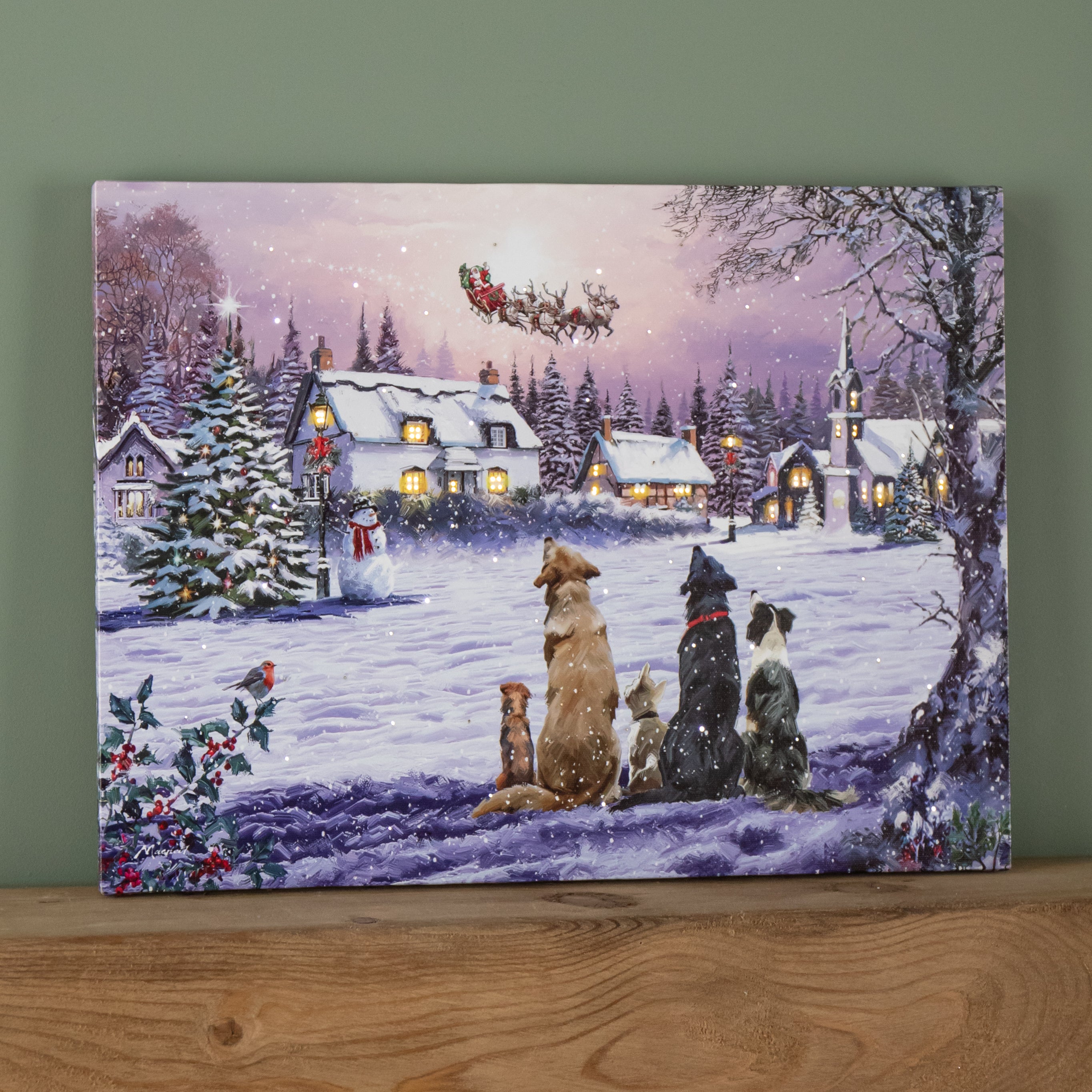 40 x 30cm Battery Operated Light up Fibre Optic Dogs Watching Santa Christmas Wall Canvas