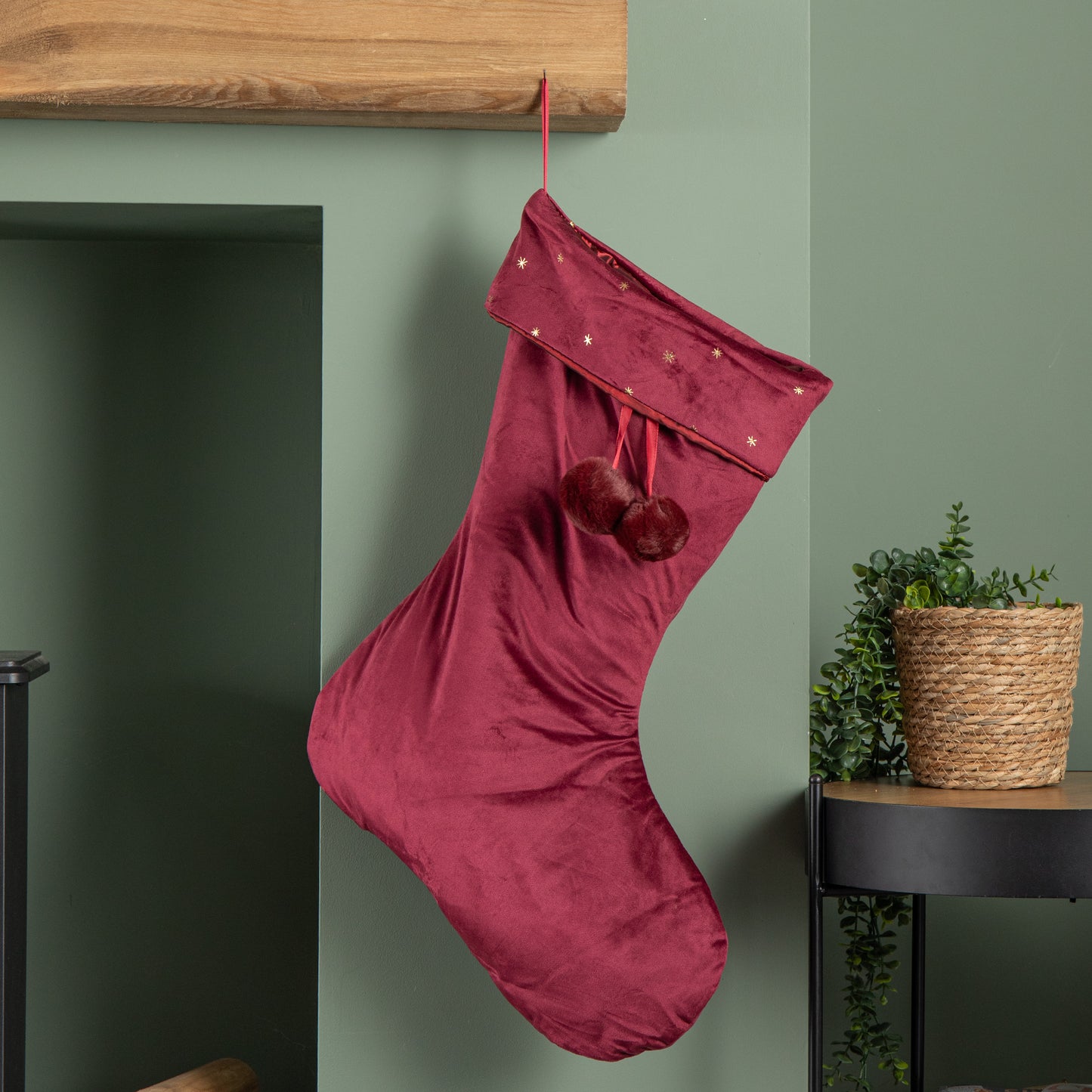 70cm Hanging Burgundy Velour Star Print Christmas Stocking with Pom Poms