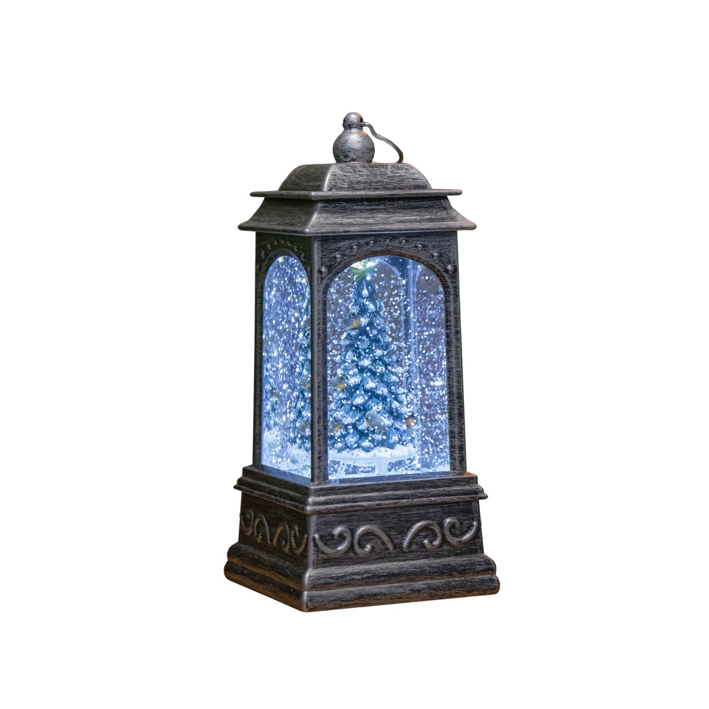 21cm Dual Powered Light up Silver Water Spinner with Robins on Christmas Tree & White LEDs