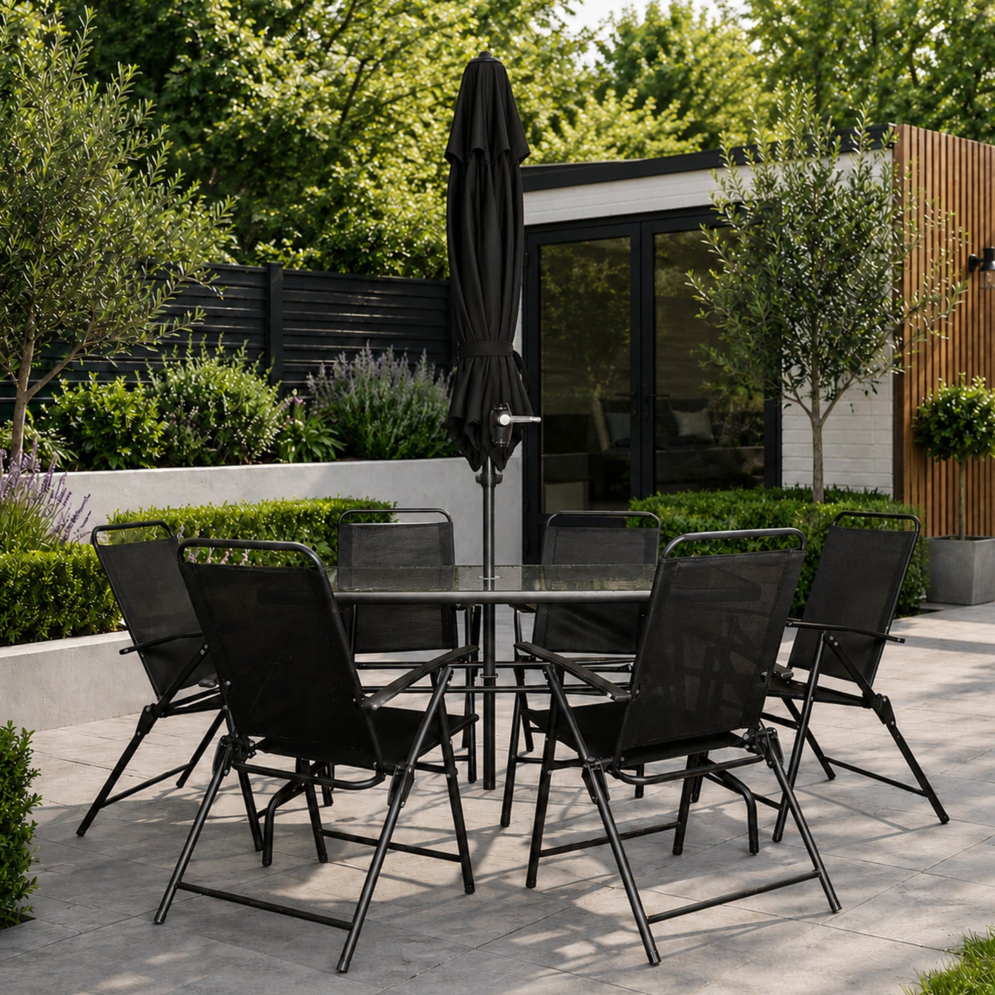 Samuel Alexander Outdoor 6 Seater Glass Top Table and Chairs Patio Set with Parasol in Black