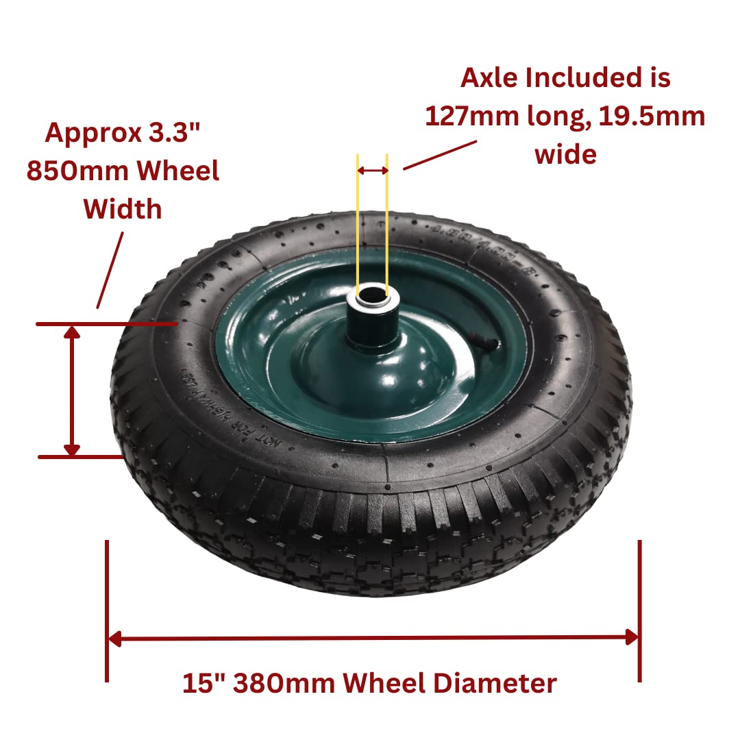 Replacement 16" x 4" Pneumatic Heavy Duty Garden Wheelbarrow Wheel & Axel In Green