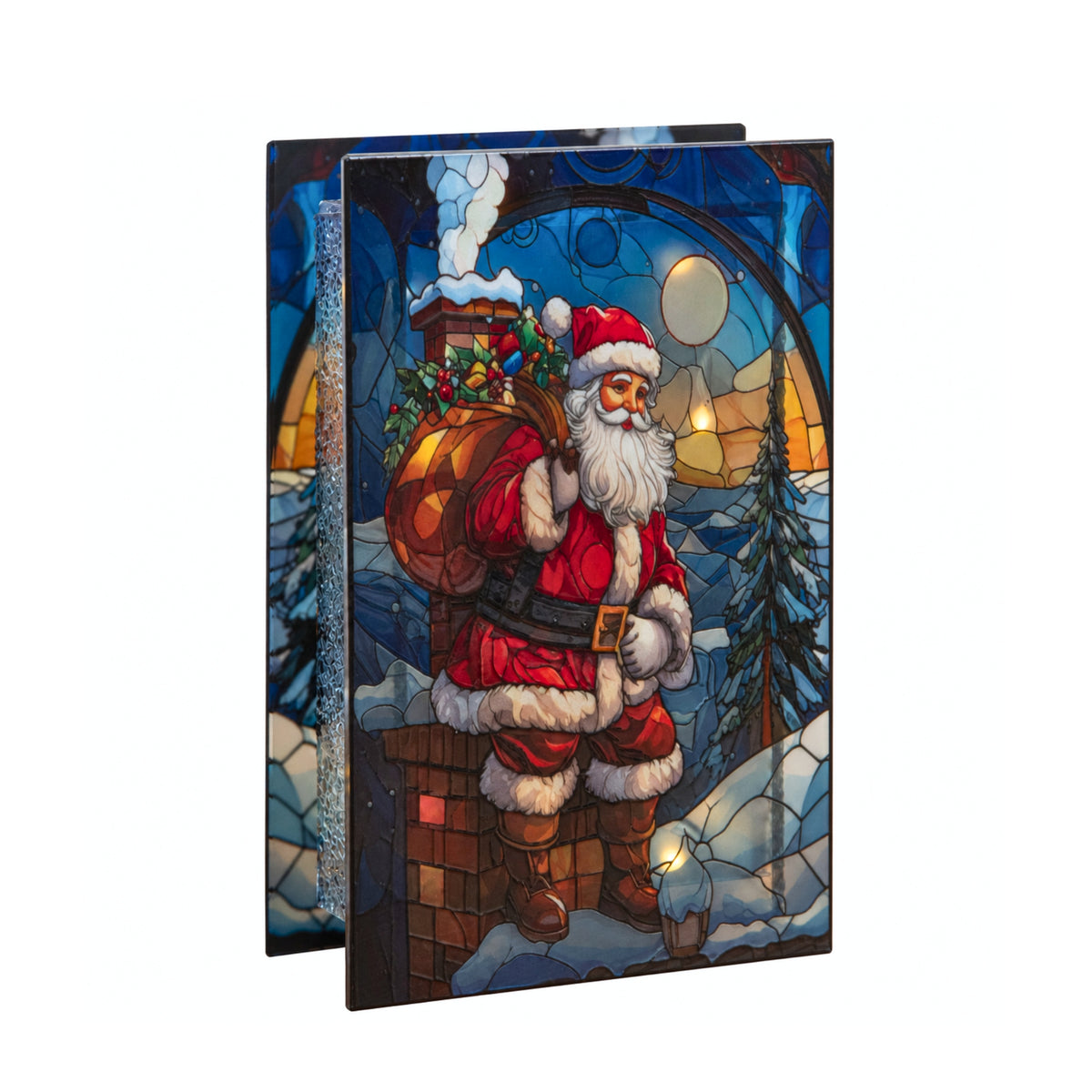 21 x 13cm Light Up Santa on Chimney Stained Glass Christmas Decoration
