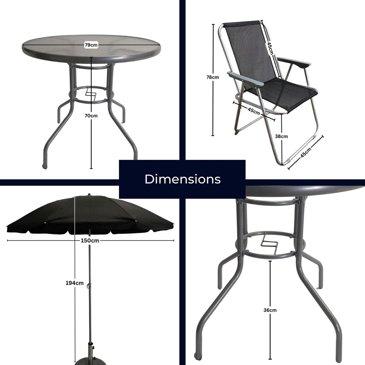 Factory Seconds: Samuel Alexander 4 Seater Garden Table And Chairs Set 4 Folding Chairs Outdoor Glass Table Garden Dining Set With Black Parasol Umbrella Patio Furniture Set