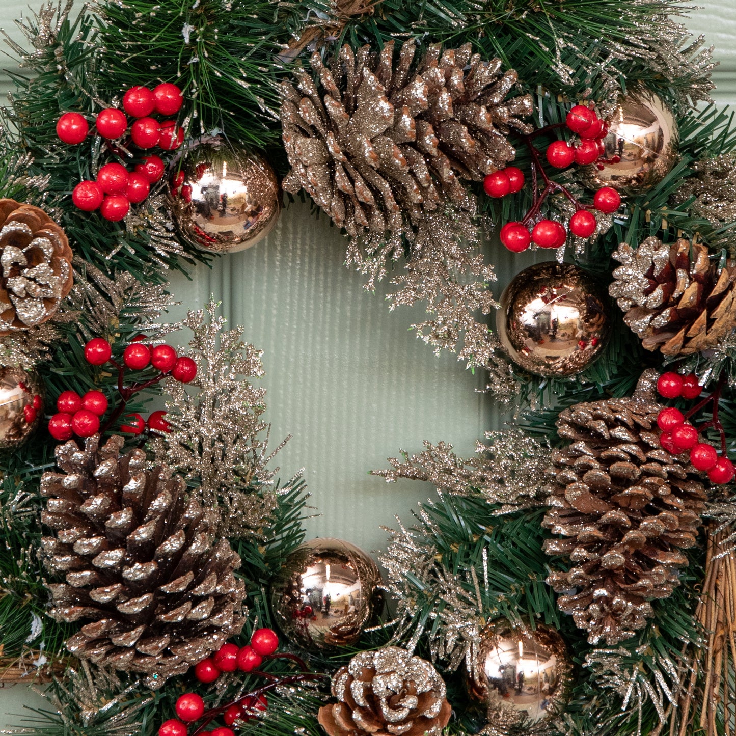 40cm Hanging Christmas Wreath with Gold Baubles, Berries & Pinecones