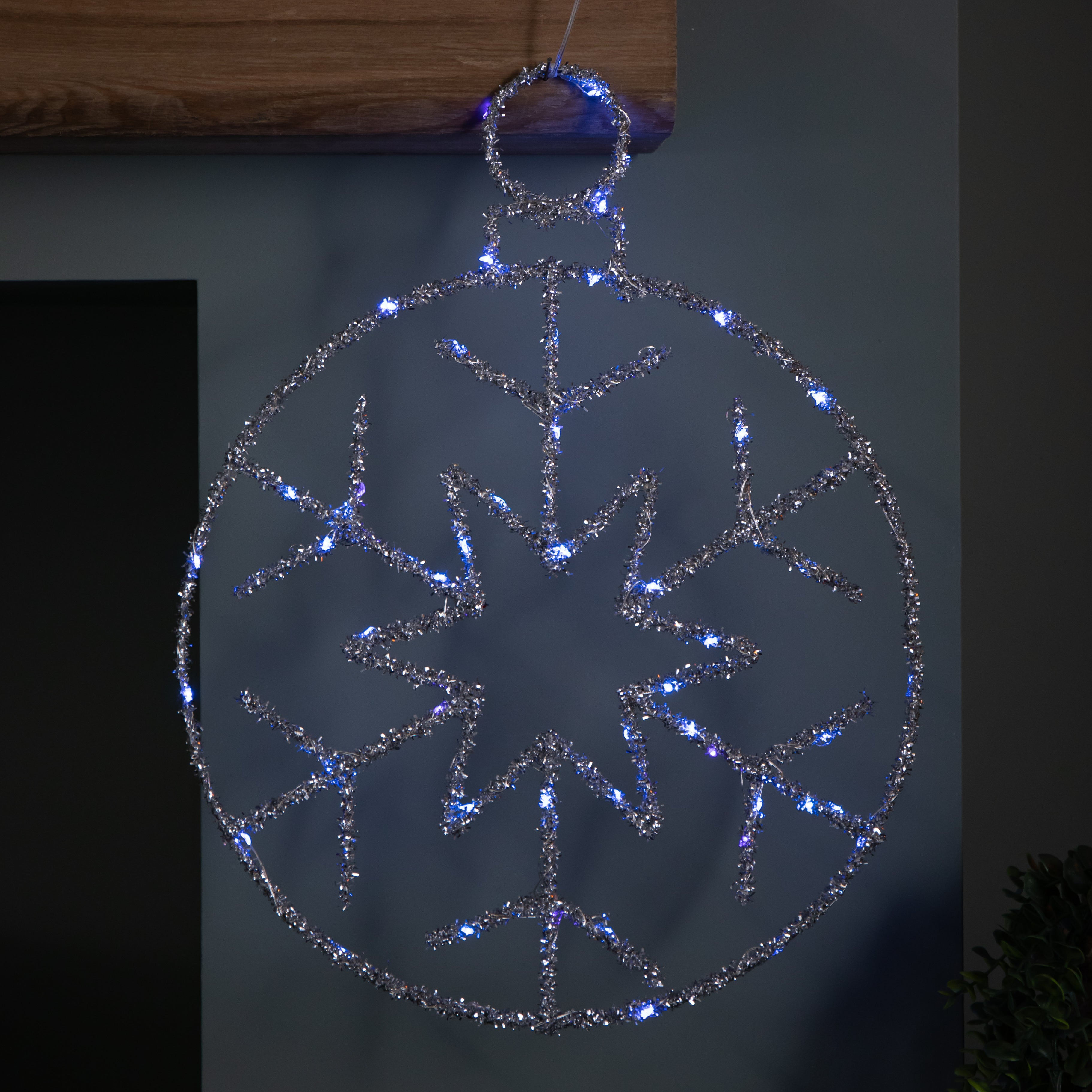 49cm Battery Powered Light up Silver Christmas Snowflake Ball with Blue Twinkling LEDs