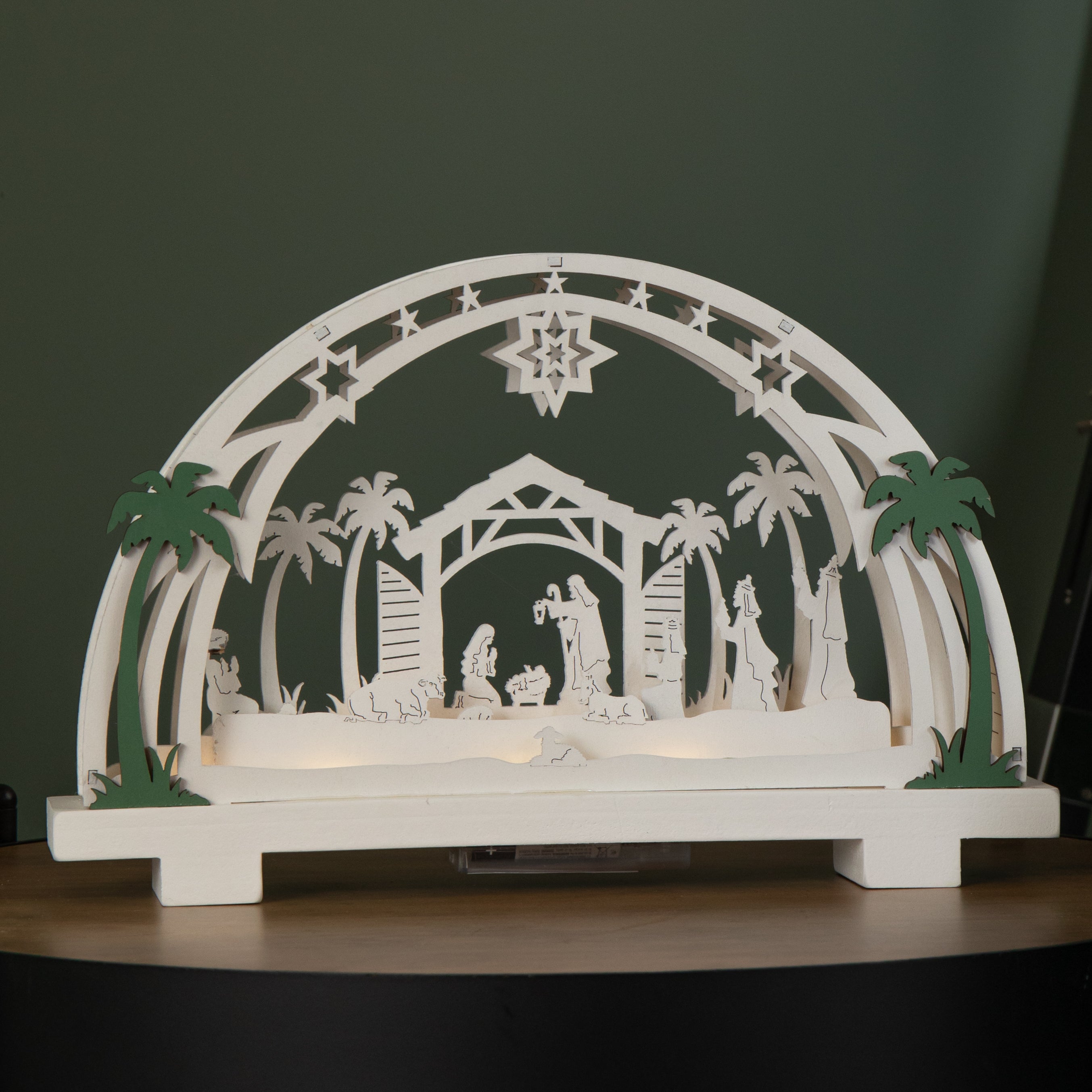 20cm Battery Operated Warm White LED Wooden Arch Nativity Scene Christmas Decoration