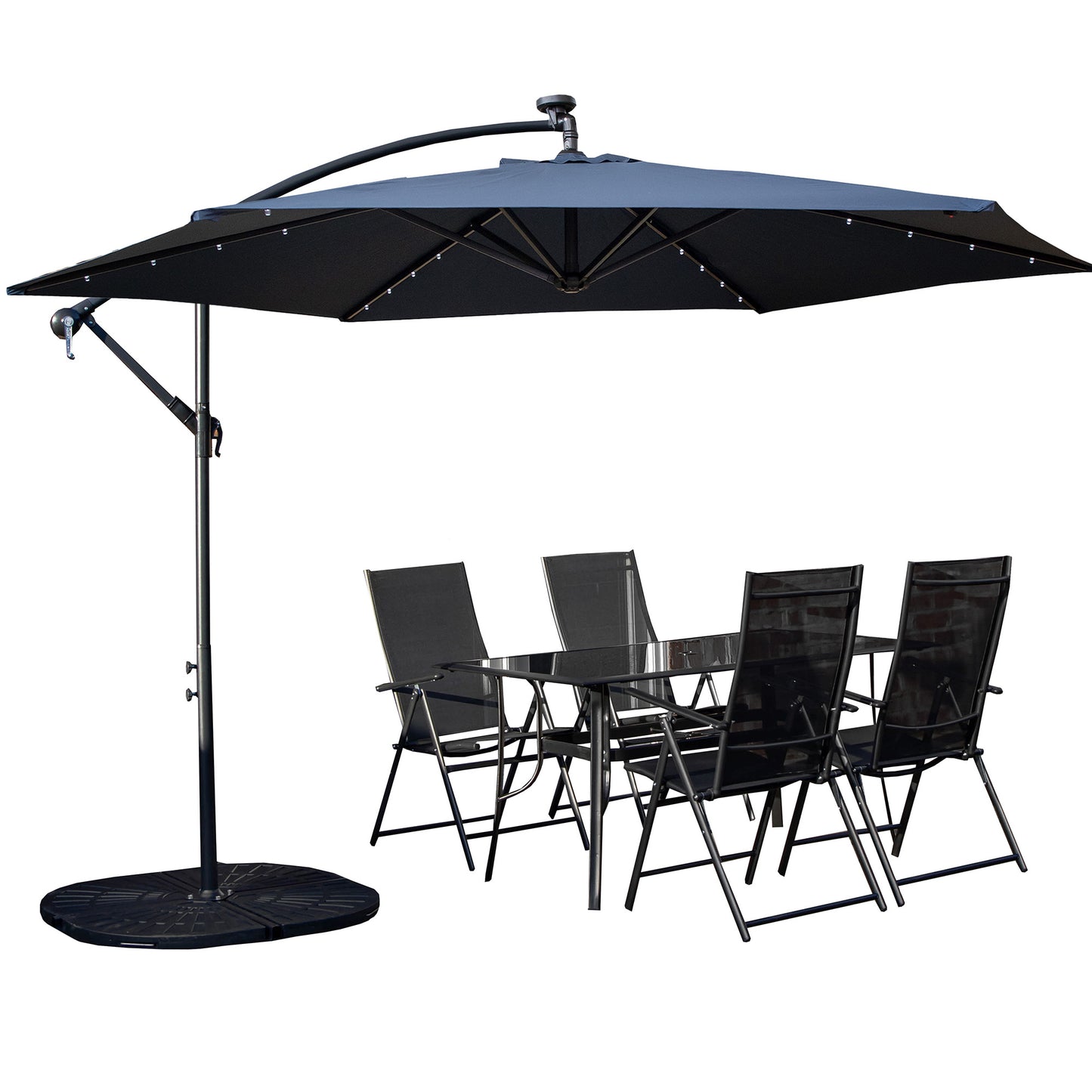 Outdoor 4 Person Rectangular Glass Top Garden Dining Table Chairs With Blue Banana Lit Parasol and Base Set