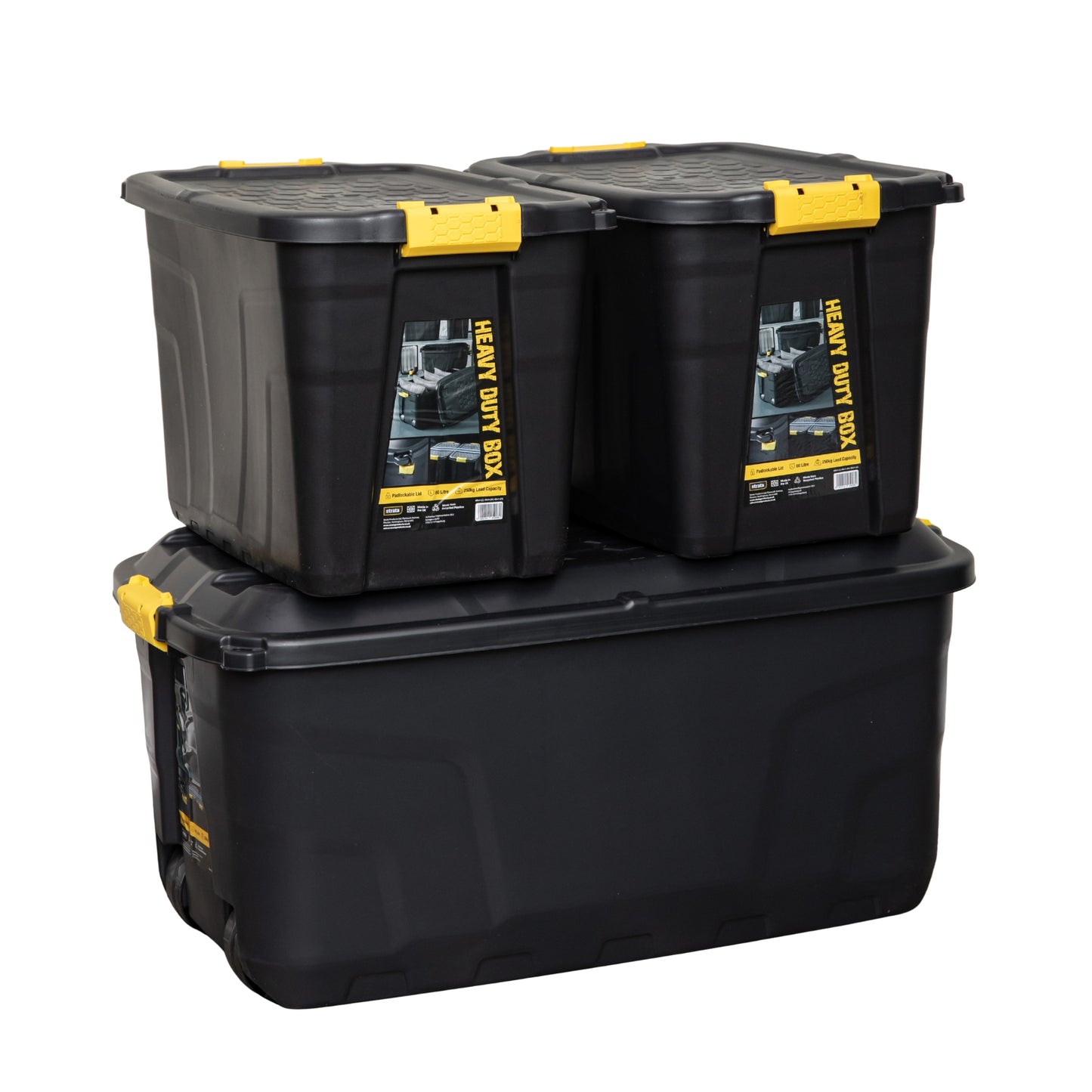 145L & 2 x 60L Heavy Duty Lockable Stackable Storage Trunks on Wheels in Black