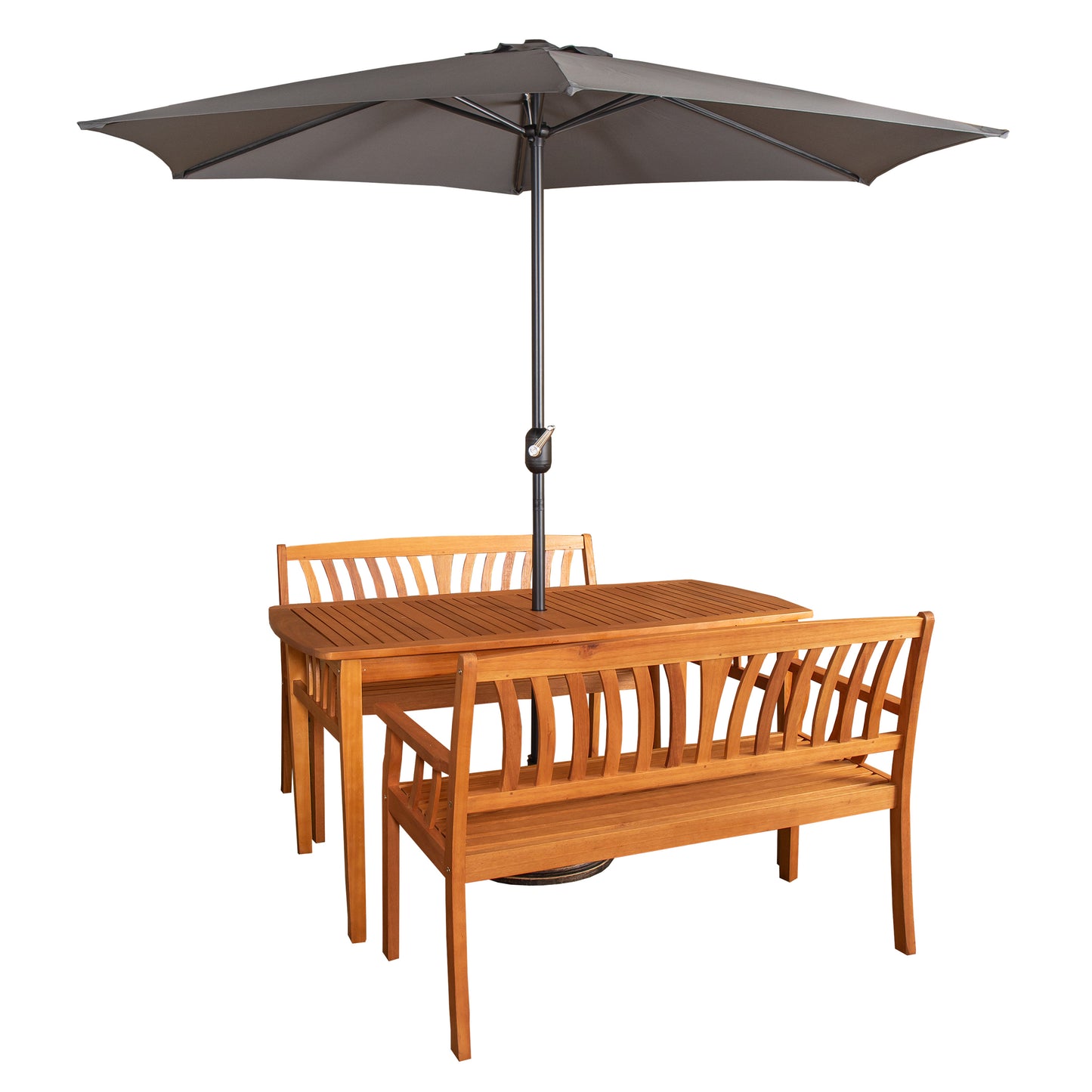 Outdoor 4 Person Rectangular Wooden Dining Table 2 Benches with Grey Havana Parasol & Base