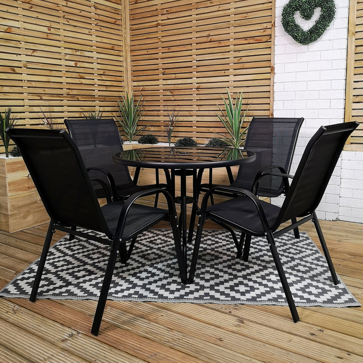 Outdoor 4 Person Round Glass Top Garden Dining Table Chairs Set