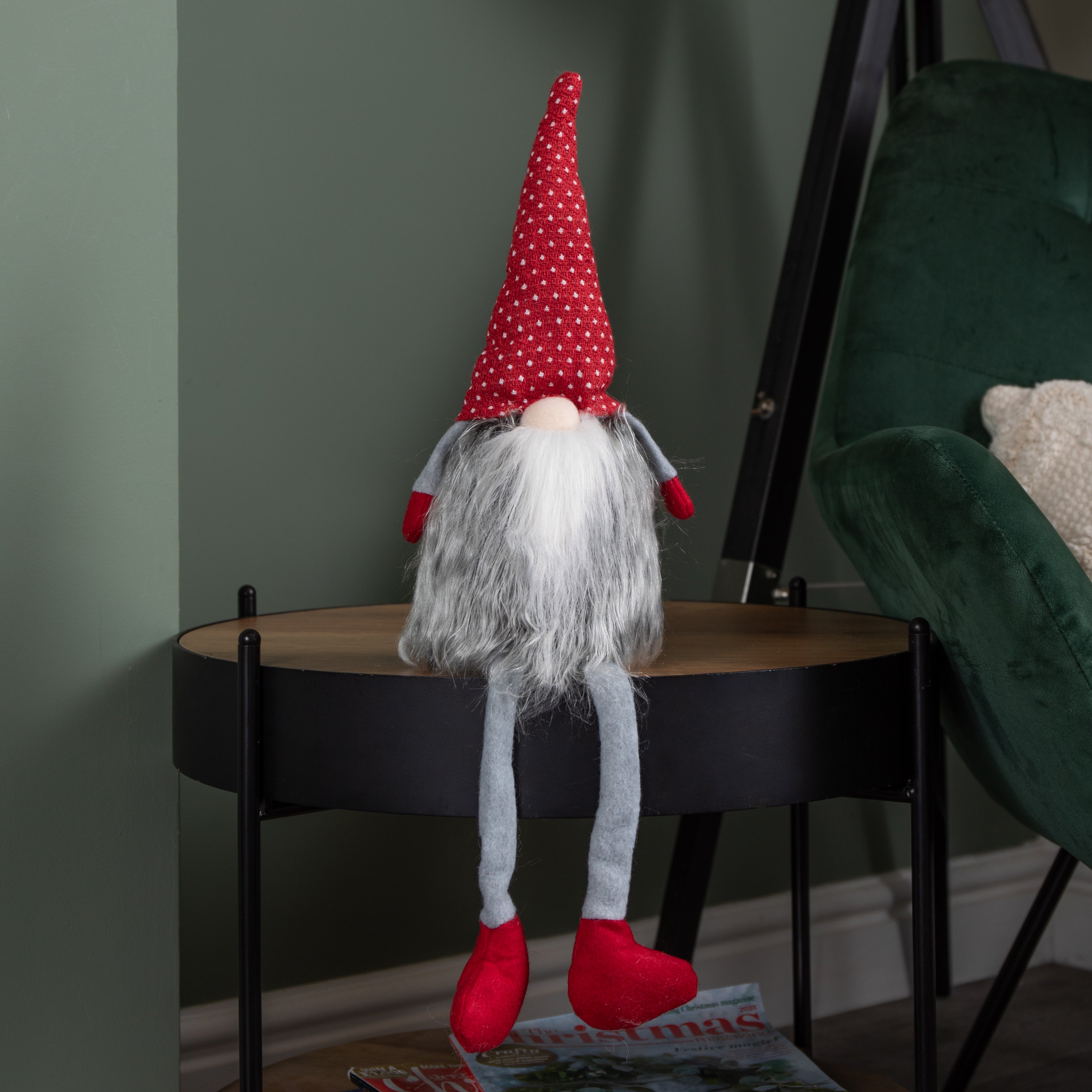 54cm Grey Haired Christmas Gonk with Dangly Legs in Dotted Hat