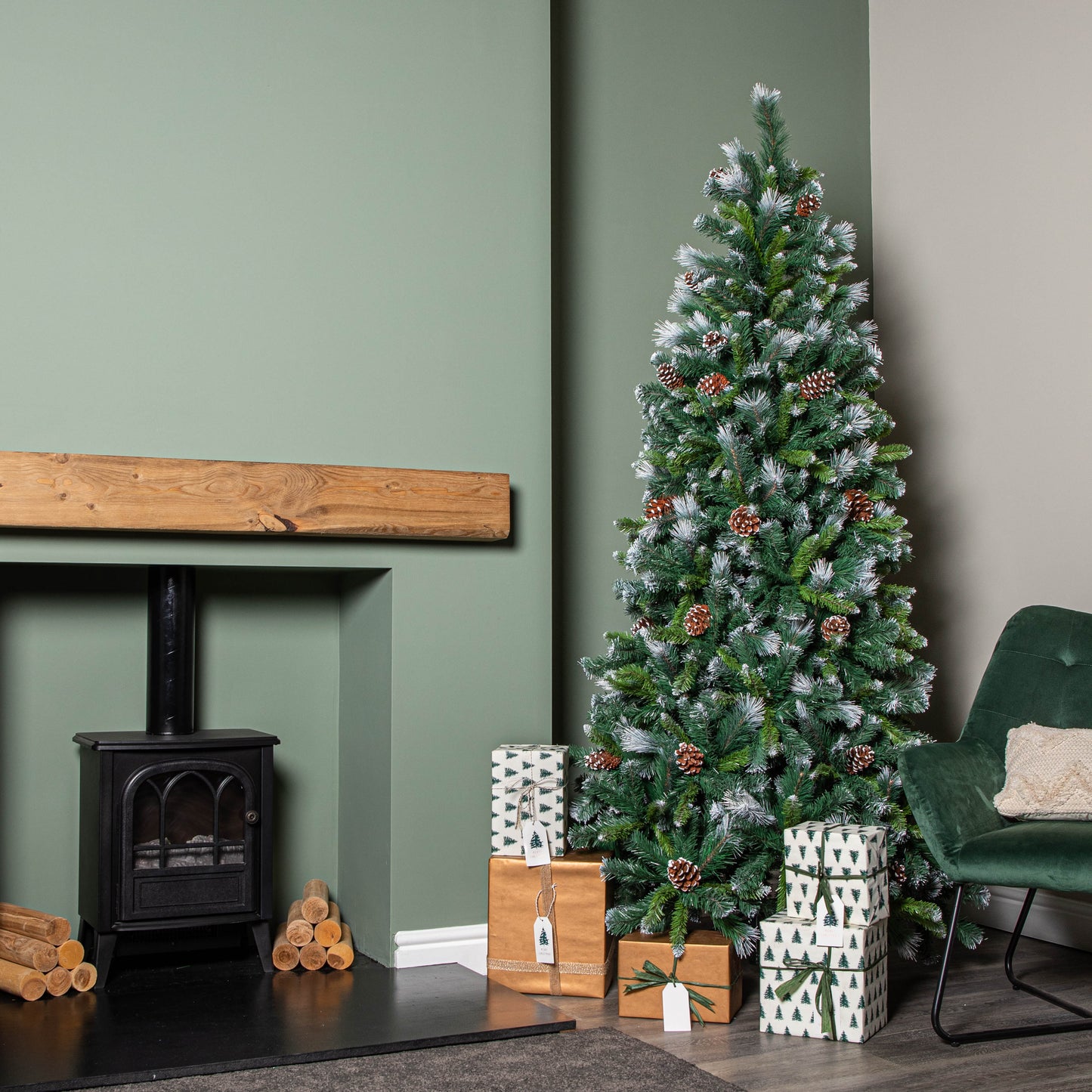 7ft (2.1m) Frosted Glacier Pine Snow Tipped Christmas Tree with Pinecones and 956 Tips