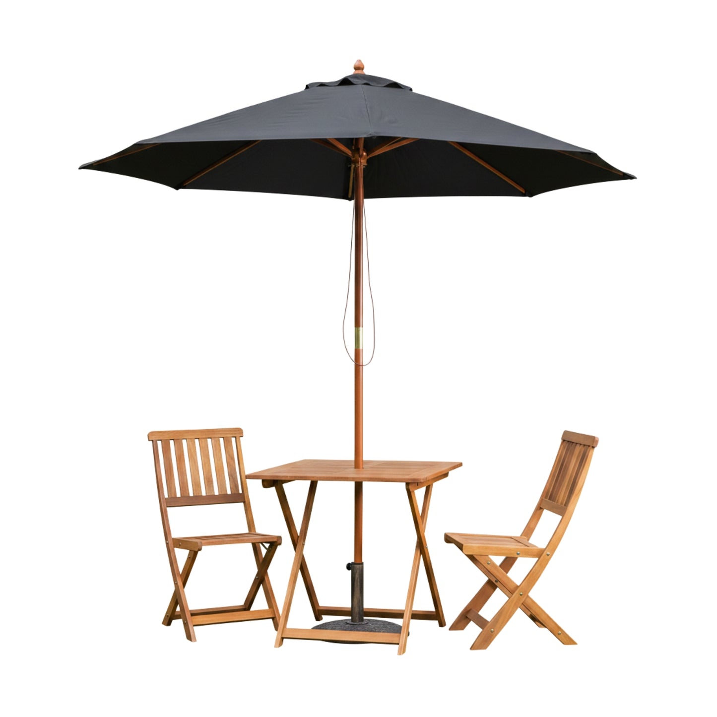 Outdoor 2 Person Folding Square Wooden Garden Dining Table Chairs Black Parasol and Base Set