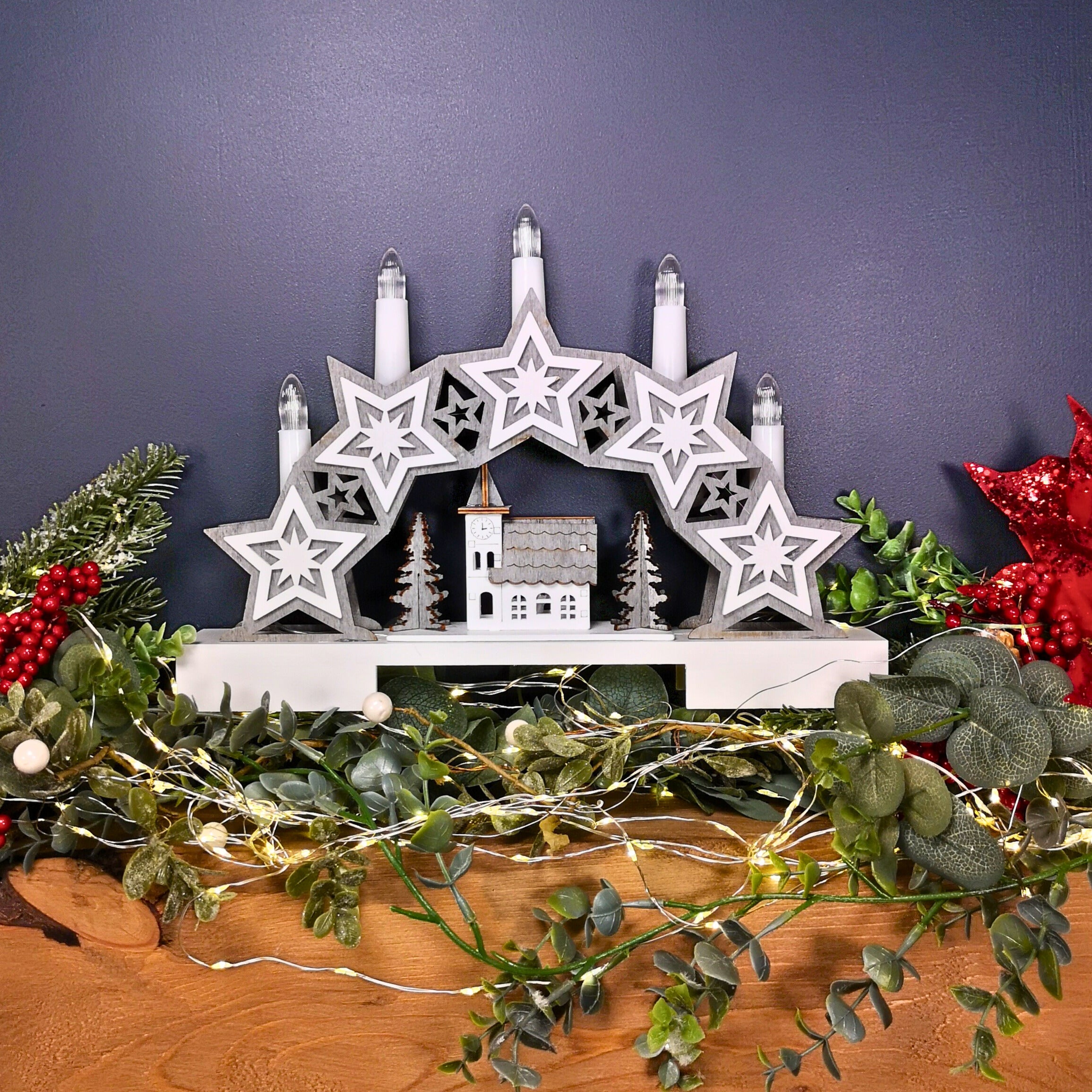 32cm Battery Operated Star and Village Candle Bridge Christmas Decoration