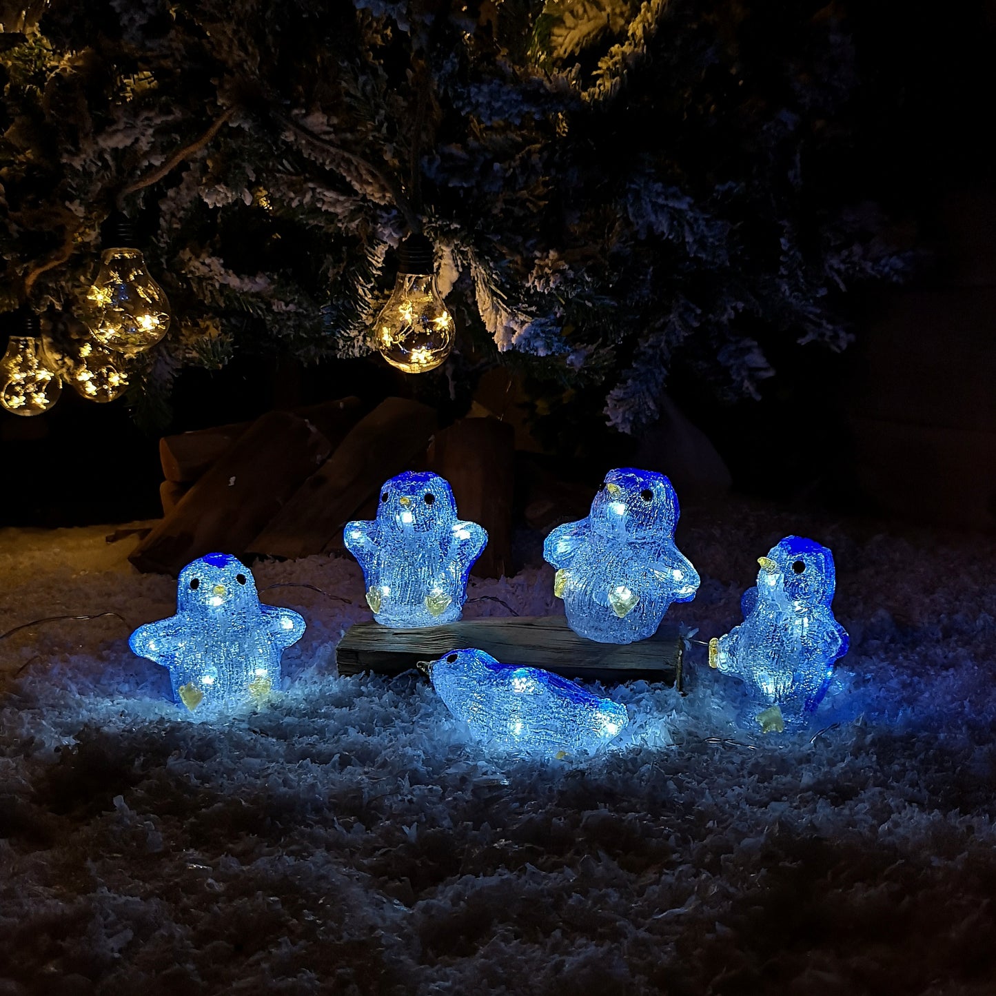 Set of 5 Acrylic Light Up LED Penguins Christmas Penguin Decorations Battery Powered
