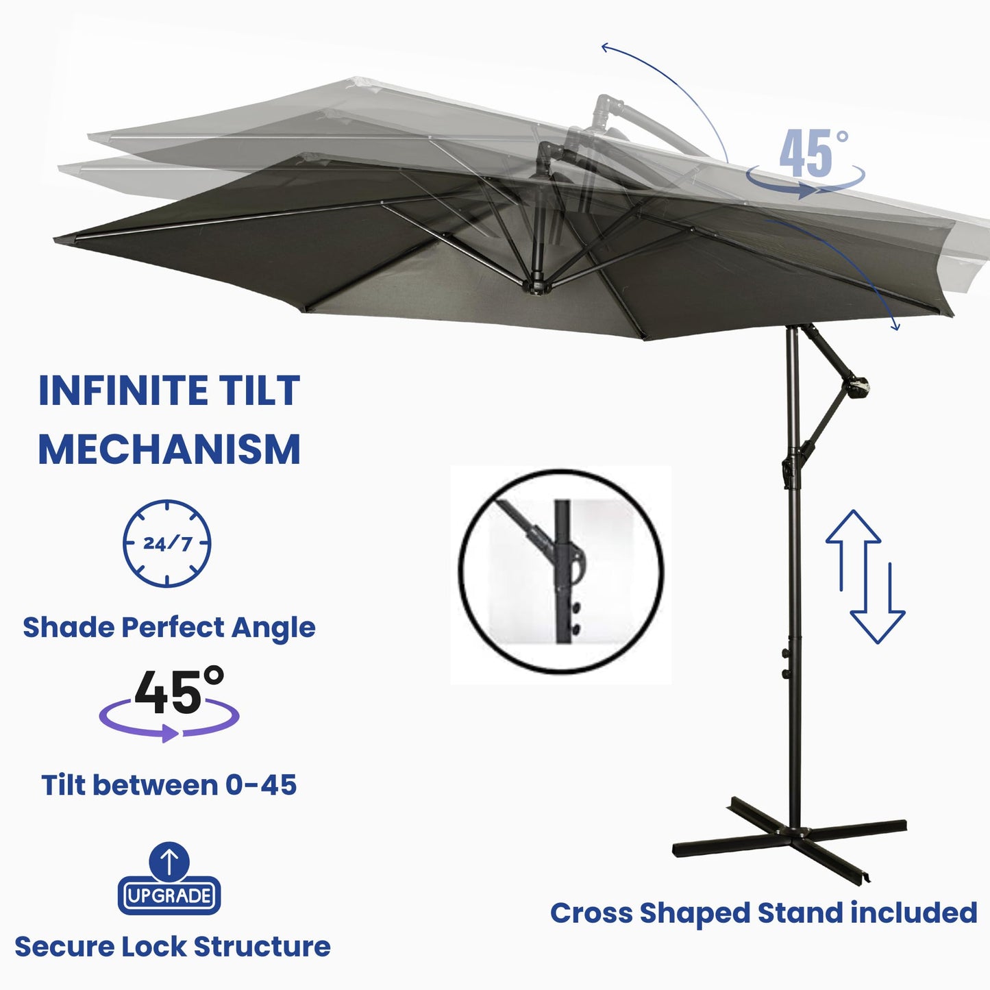 Factory Seconds 3m Cantilever Parasol in Grey with Crank Handle for Patio Garden Banana Parasol with UV Protection Outdoor Umbrella Sun Shades for Garden