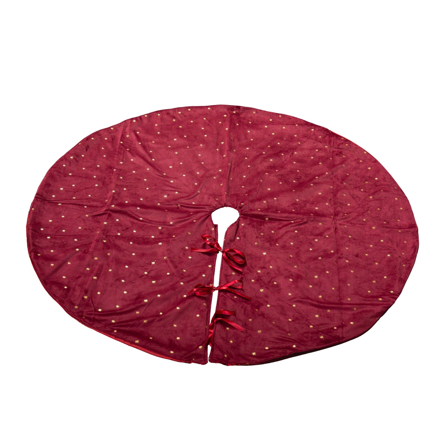 1.2m Soft Burgundy Velour Christmas Tree Skirt with Gold Star Print