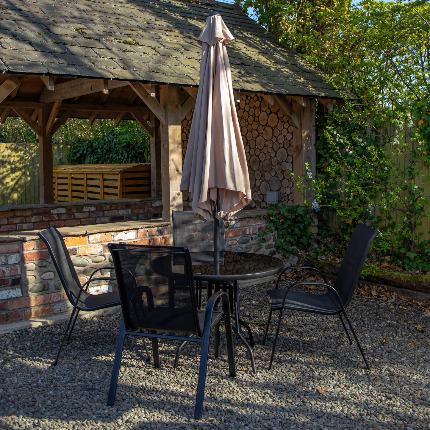 Outdoor 4 Person Round Glass Top Garden Dining Table Chairs With Beige Parasol and Base Set