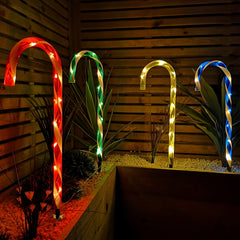 Set of 4 Battery Operated LED Multi Coloured Candy Cane Stripe Path Lights Christmas Decoration with Timer