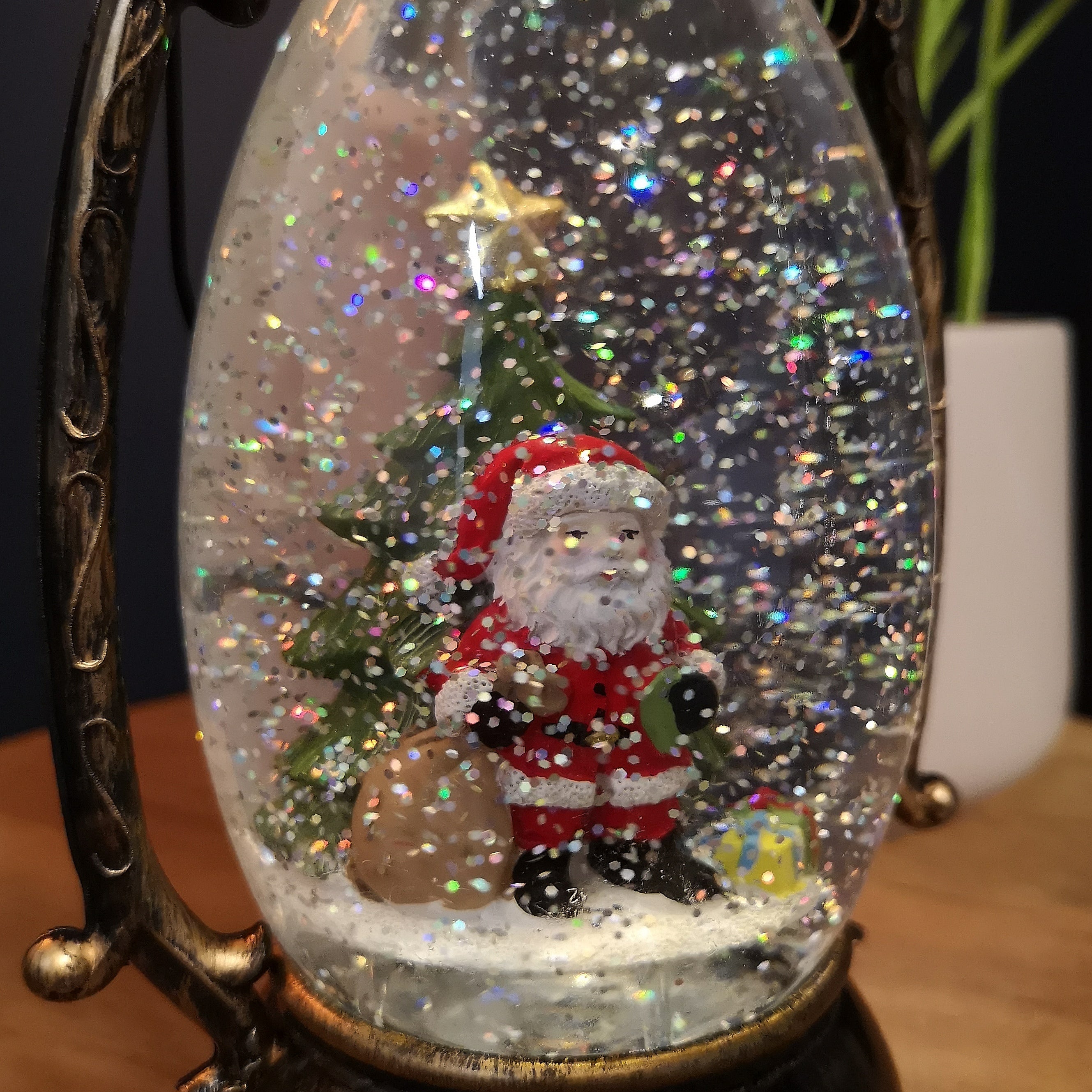 24cm LED Christmas Glitter Water Spinner Antique Lantern Snowy Santa Scene