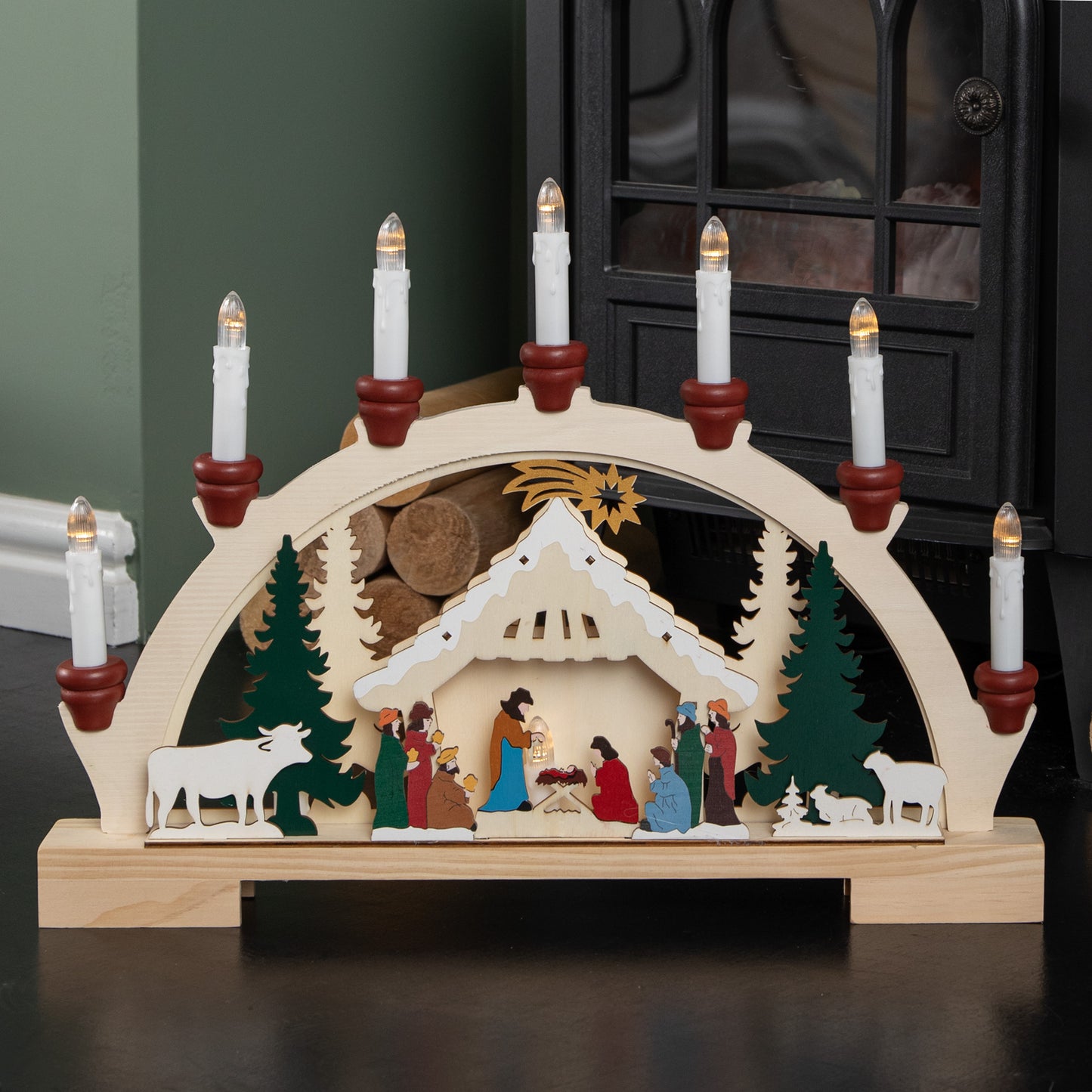 33cm Battery Operated Wooden Christmas Candle Bridge with Nativity Scene and LEDs