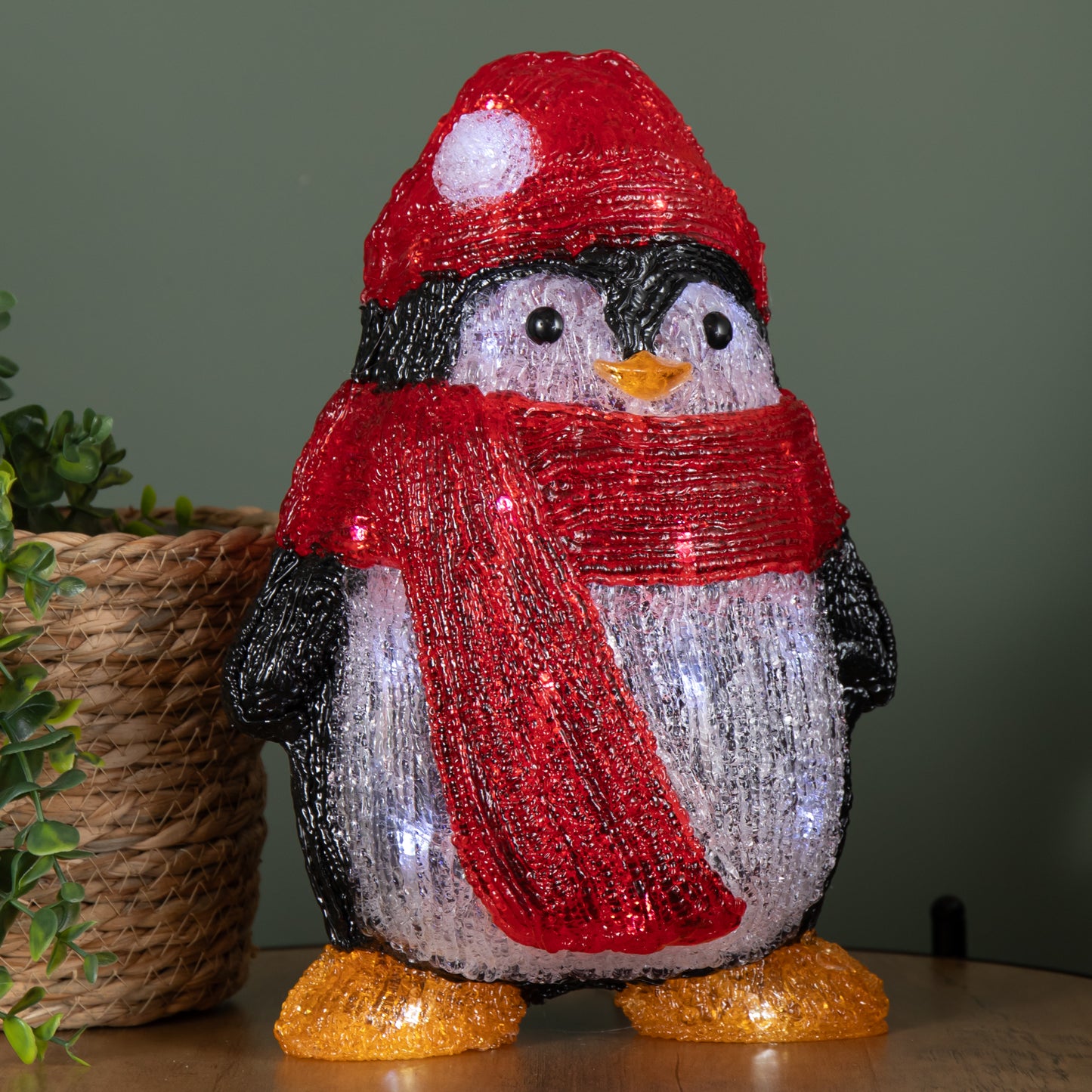 30cm Light up Acrylic Christmas Penguin with Scarf and 30 White LEDs