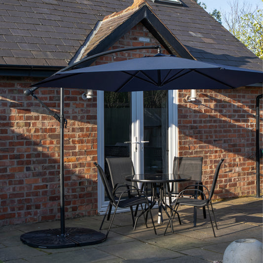 Outdoor 4 Person Round Glass Top Garden Dining Table Chairs With Blue Banana Parasol and Base