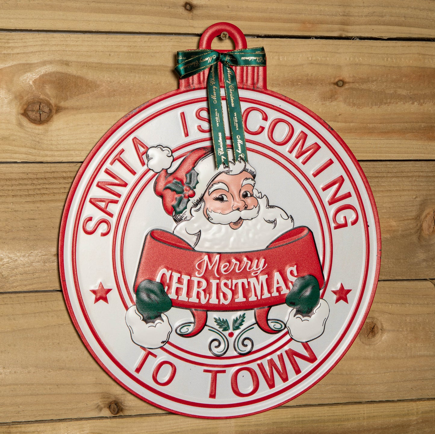 47cm Round Metal Santa is Coming to Town Sign - Red & White