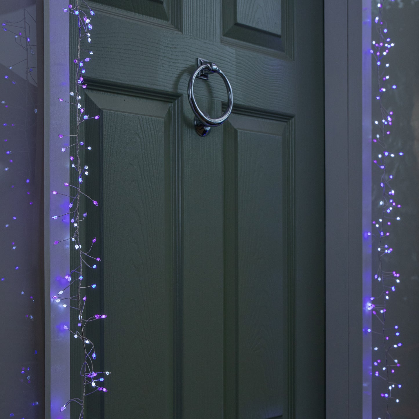 5.5m 800 LED UltraBrights Christmas Door Cluster Lights with Timer in Blue, Purple & White on Silver Wire
