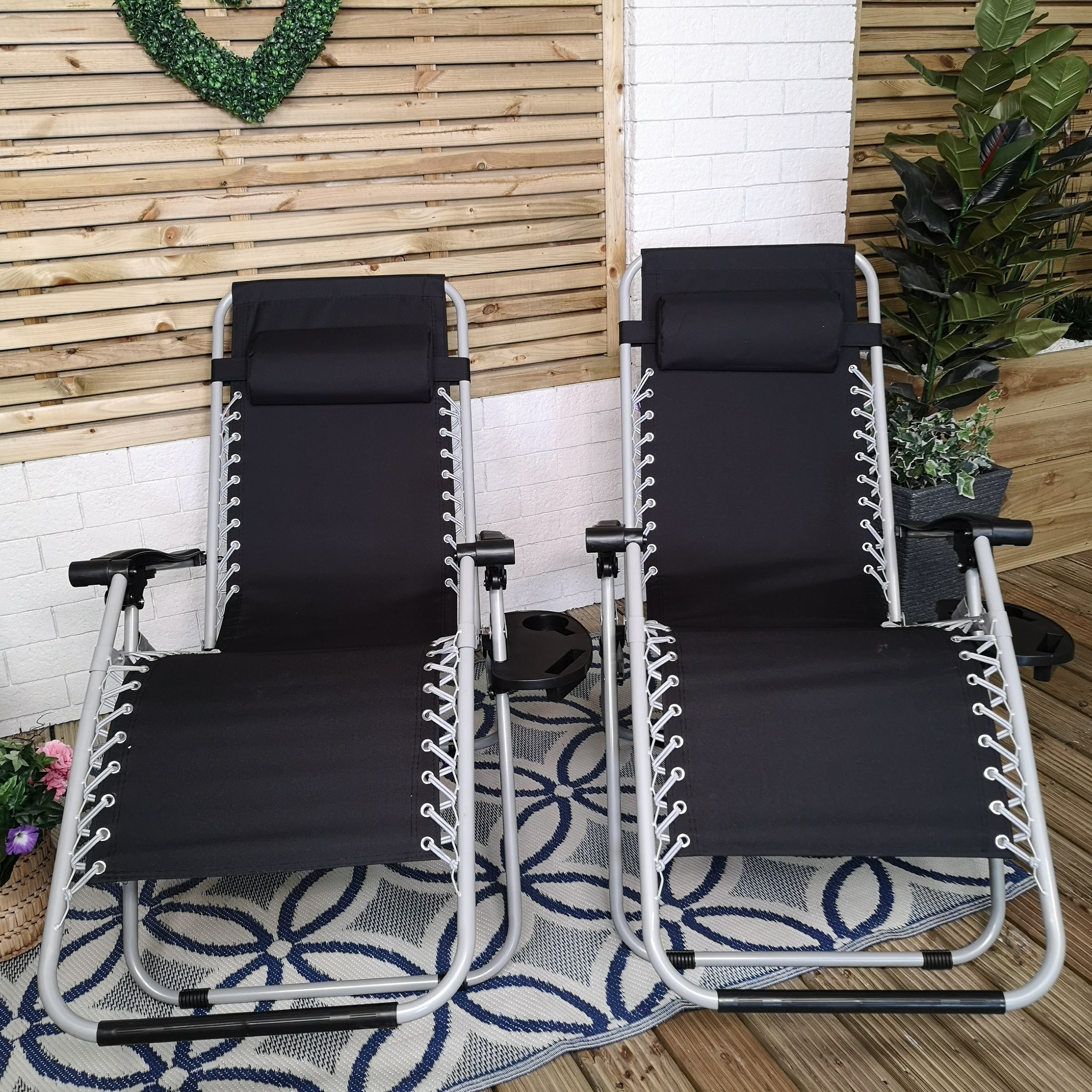 Set of 2 Multi Position Garden Zero Gravity Relaxer Chair Sun Lounger in Black & Silver