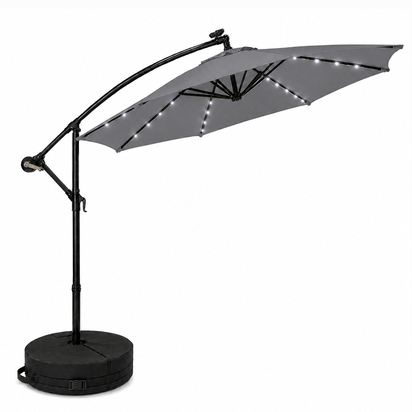 3m Solar Powered Cantilever Lit Banana Garden Parasol with Crank Handle & White LED Lights in Grey with Base Bag Included