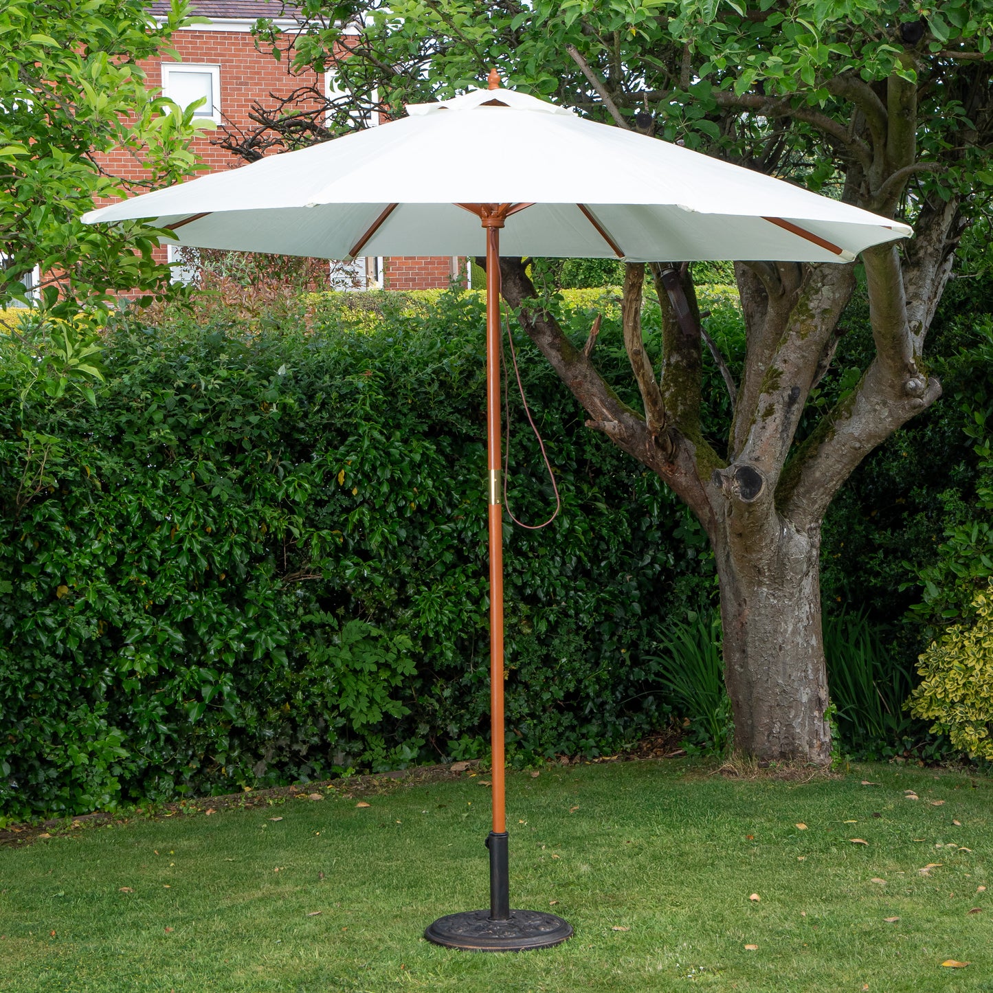 Outdoor 2 Person Folding Wooden Garden Dining Table Chairs Cream Parasol and Base Set