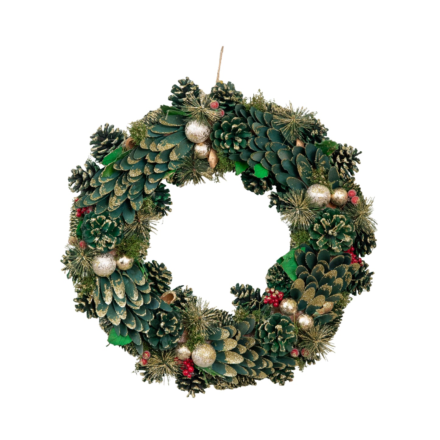 50cm Bauble and Pinecone Hanging Christmas Wreath with Red Berries