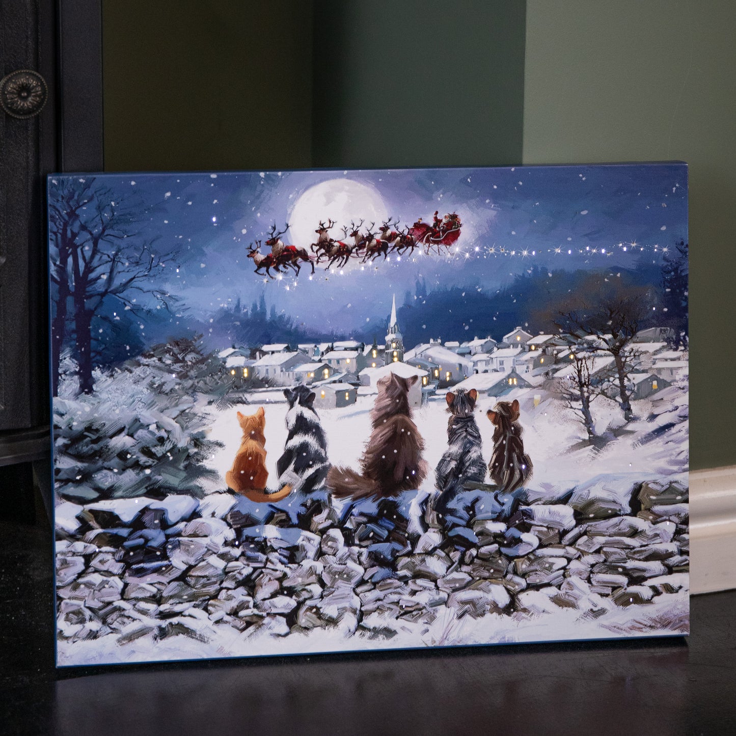 40 x 30cm Touch Operated Fibre Optic Christmas Wall Art Canvas with Cat Scene