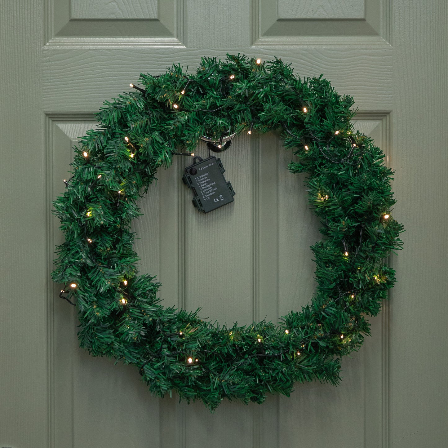 60cm Pre Lit Plain Green Christmas Wreath with Warm White LEDs and 160 Tips