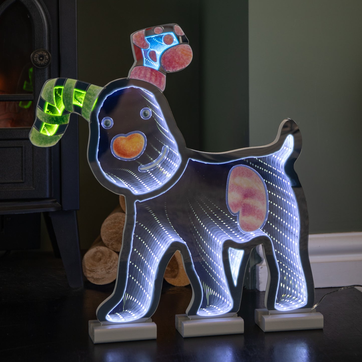 40cm LED Infinity Snowdog Christmas Decoration with Wooden Base
