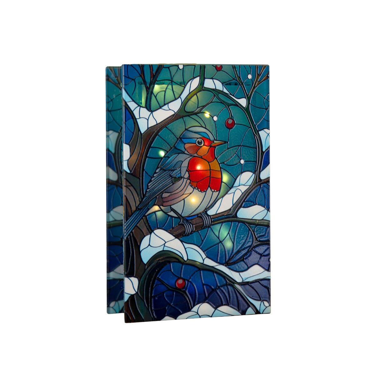 21cm Battery Operated Light up Stained Glass Christmas Decoration with Robin Scene & Warm White LEDs