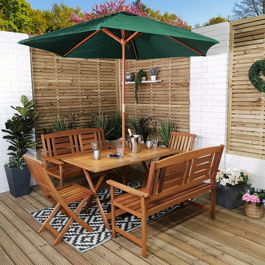 Outdoor 6 Person Folding Rectangular Wooden Garden Dining Table Chairs and 2 Benches Parasol and Base set