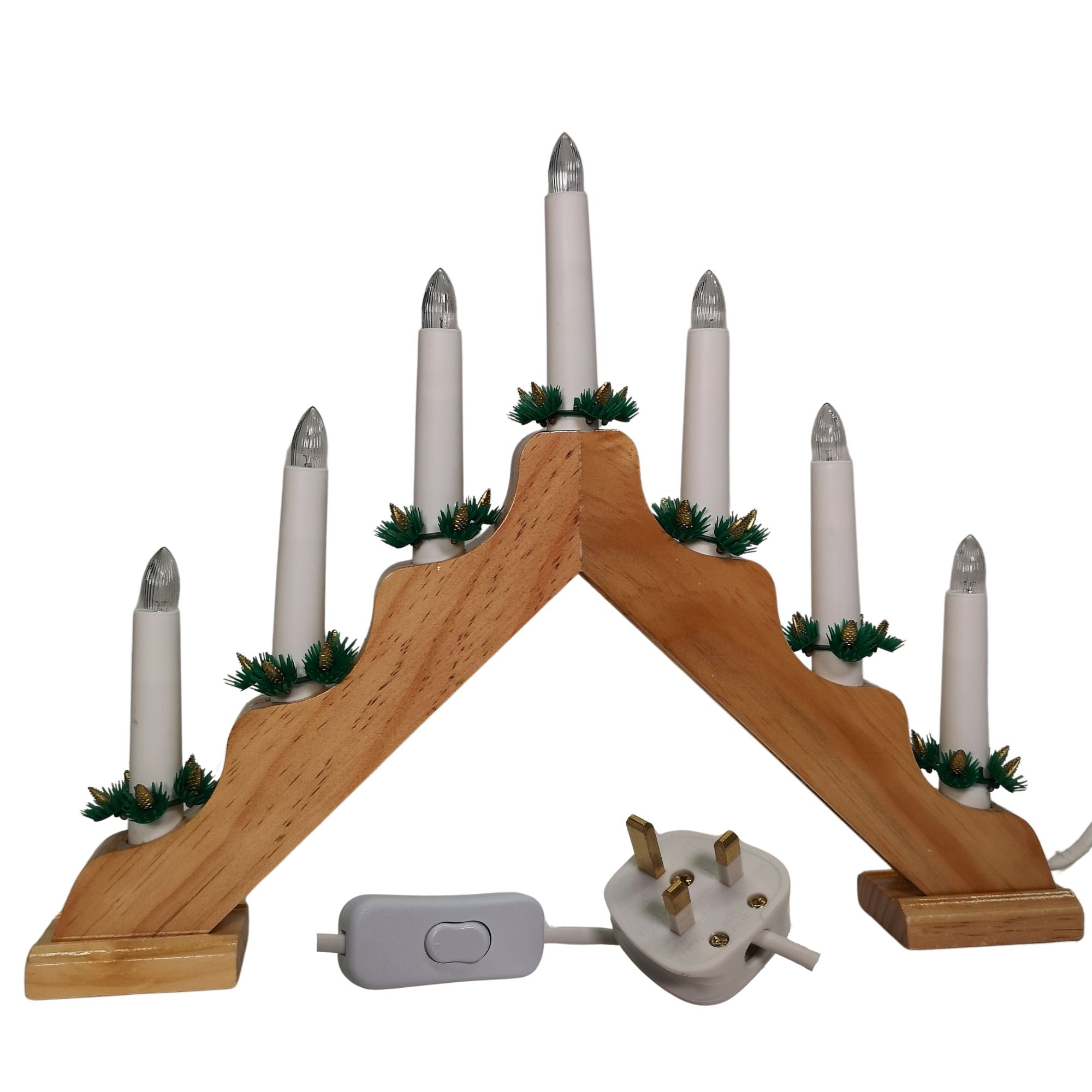 40cm Premier Christmas Candlebridge with 7 Clear Bulb V Shaped in Light Wood  Mains Powered