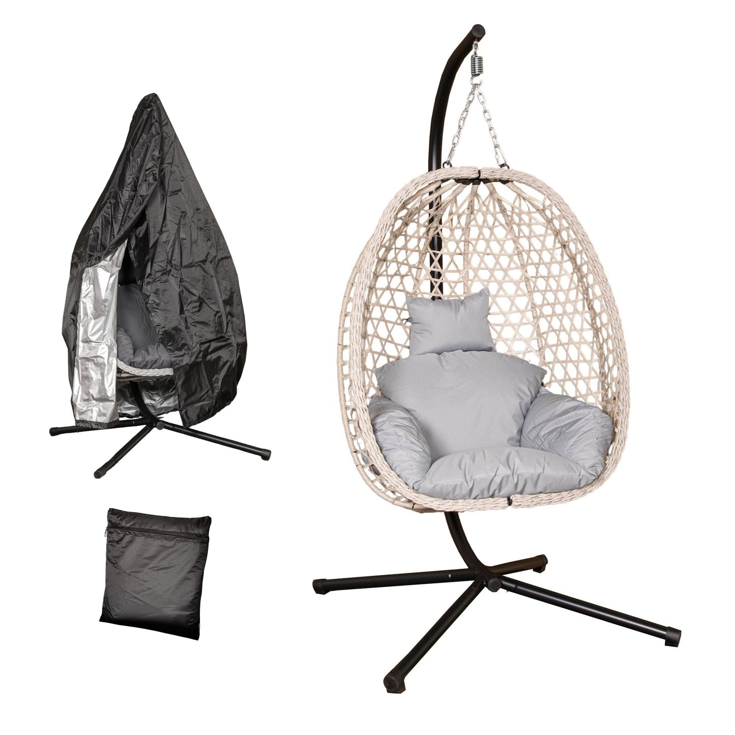 Samuel Alexander Hanging Garden Rattan Egg Chair with Steel Frame and Waterproof Cover in Cool Grey
