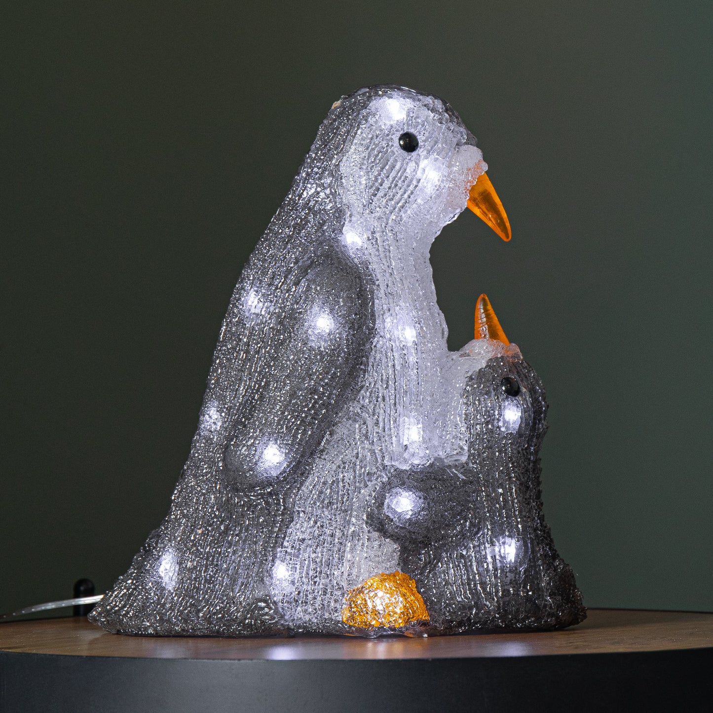 28cm Light up Acrylic Mother and Chick Penguin Christmas Decoration with 30 White LEDs