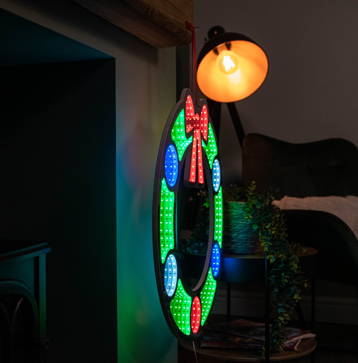 60cm Light up Hanging Christmas Wreath Infinity Mirror with Multi-Coloured LEDs