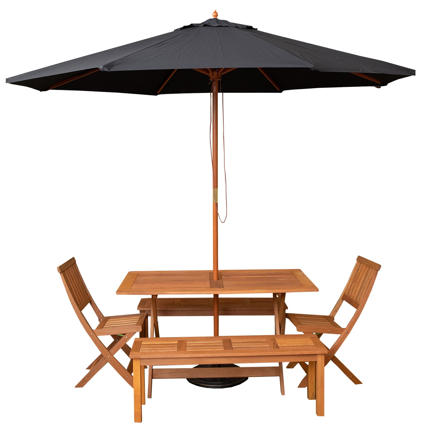 Outdoor 6 Person Rectangular Wooden Garden Dining Table, 2 Benches, Chairs with Black Parasol and Base Set