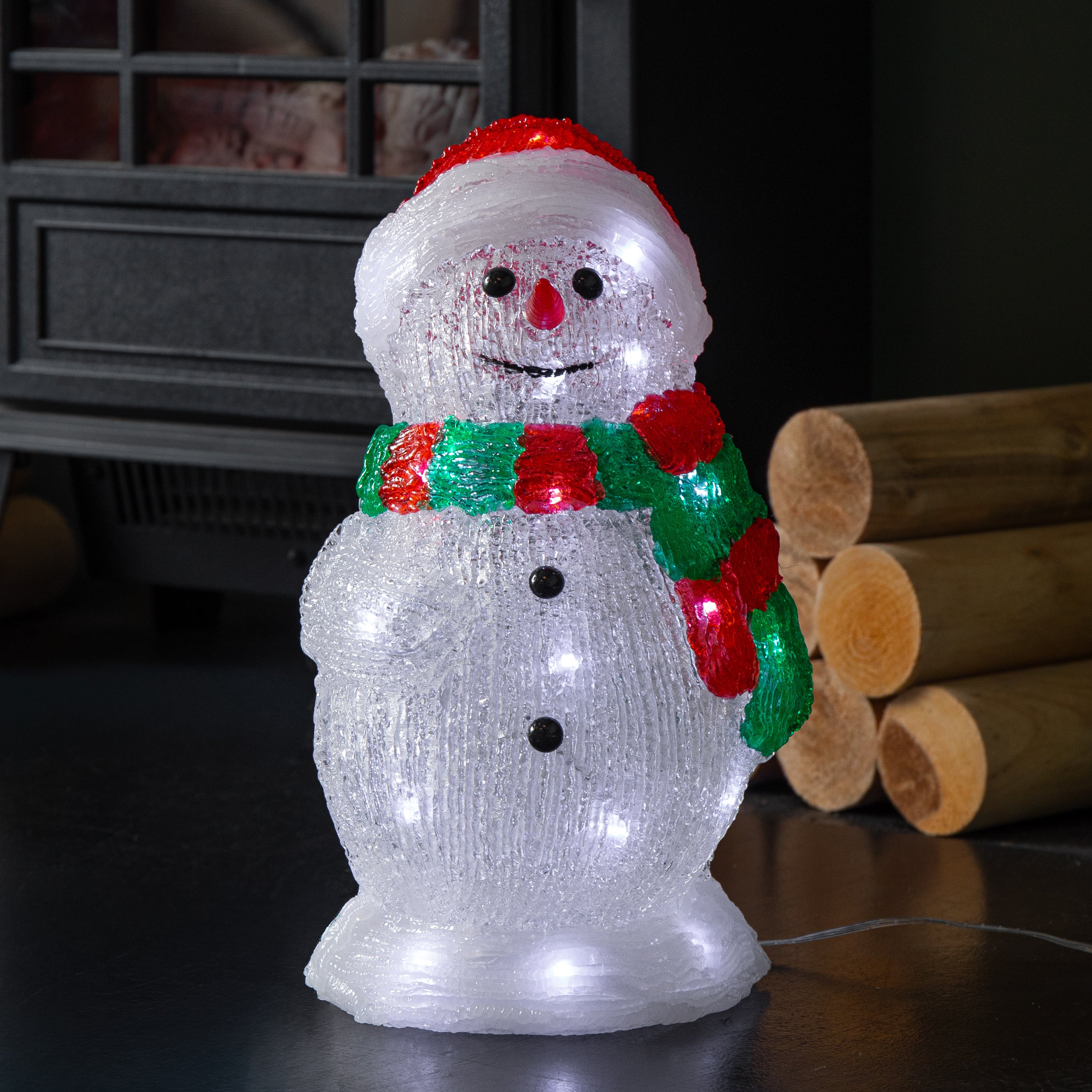 30cm Light up Acrylic Christmas Snowman in Red and Green Scarf with White LEDs