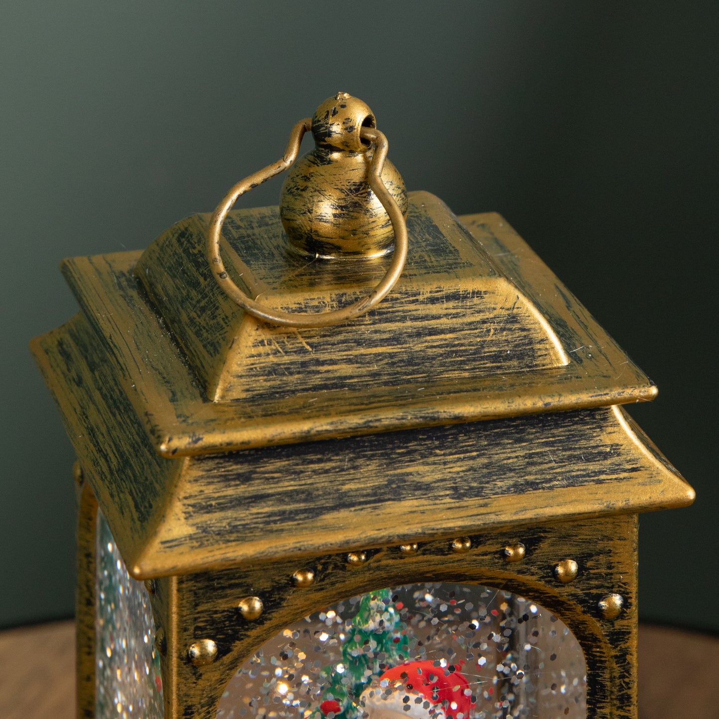 21cm Dual Powered Light up Rustic Gold Christmas Water Spinner Decoration with Santa Scene