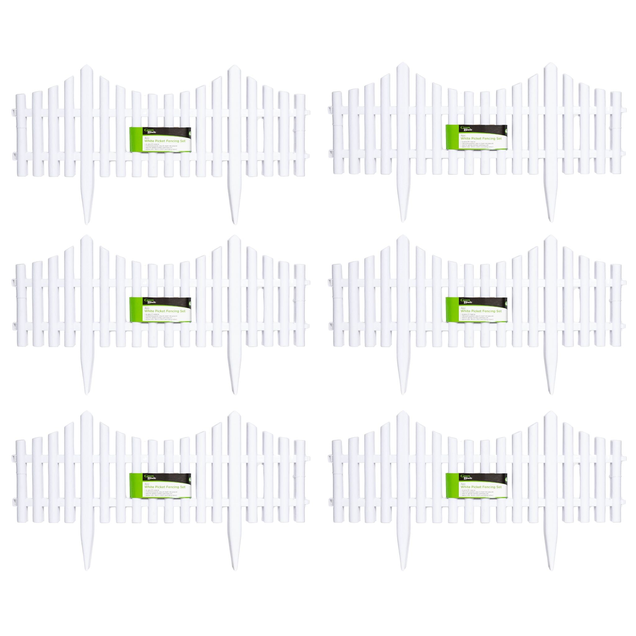6 x 33cm 4 Piece Set White Wood Effect Picket Fence Garden Edging 
