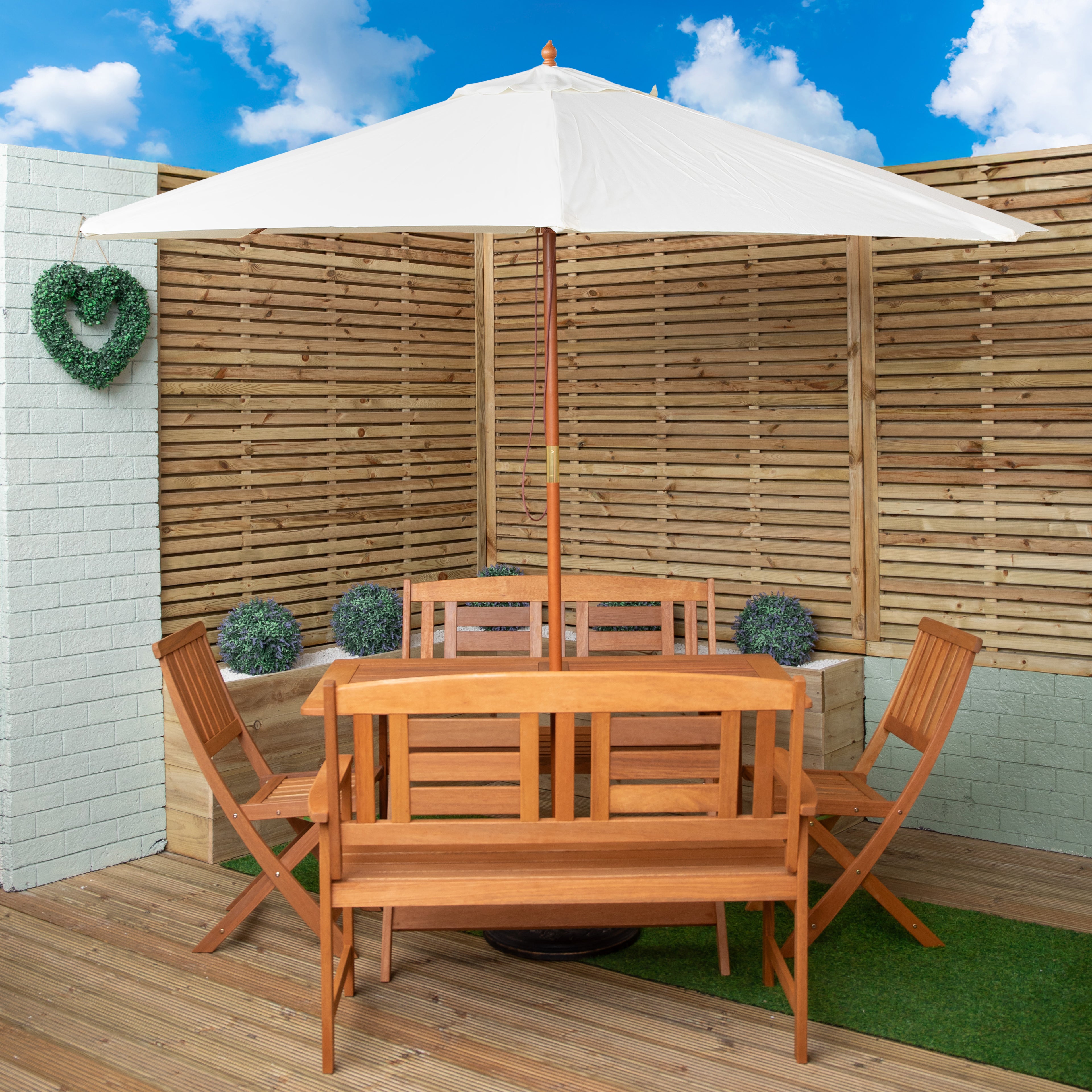 Outdoor 6 Person Folding Rectangular Wooden Garden Dining Table Chairs and 2 Benches Cream Parasol and Base set