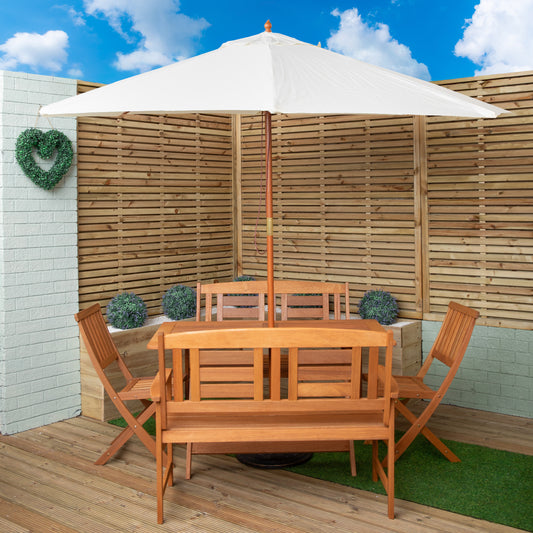 Outdoor 6 Person Folding Rectangular Wooden Garden Dining Table Chairs and 2 Benches Cream Parasol and Base set